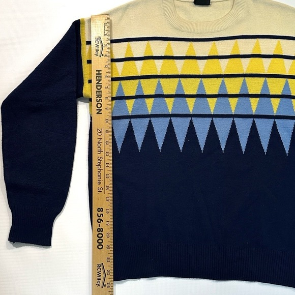 HEAD Geometric Wool Blend Sweater Retro Knit Pullover Navy Yellow Blue Large - Picture 4 of 12
